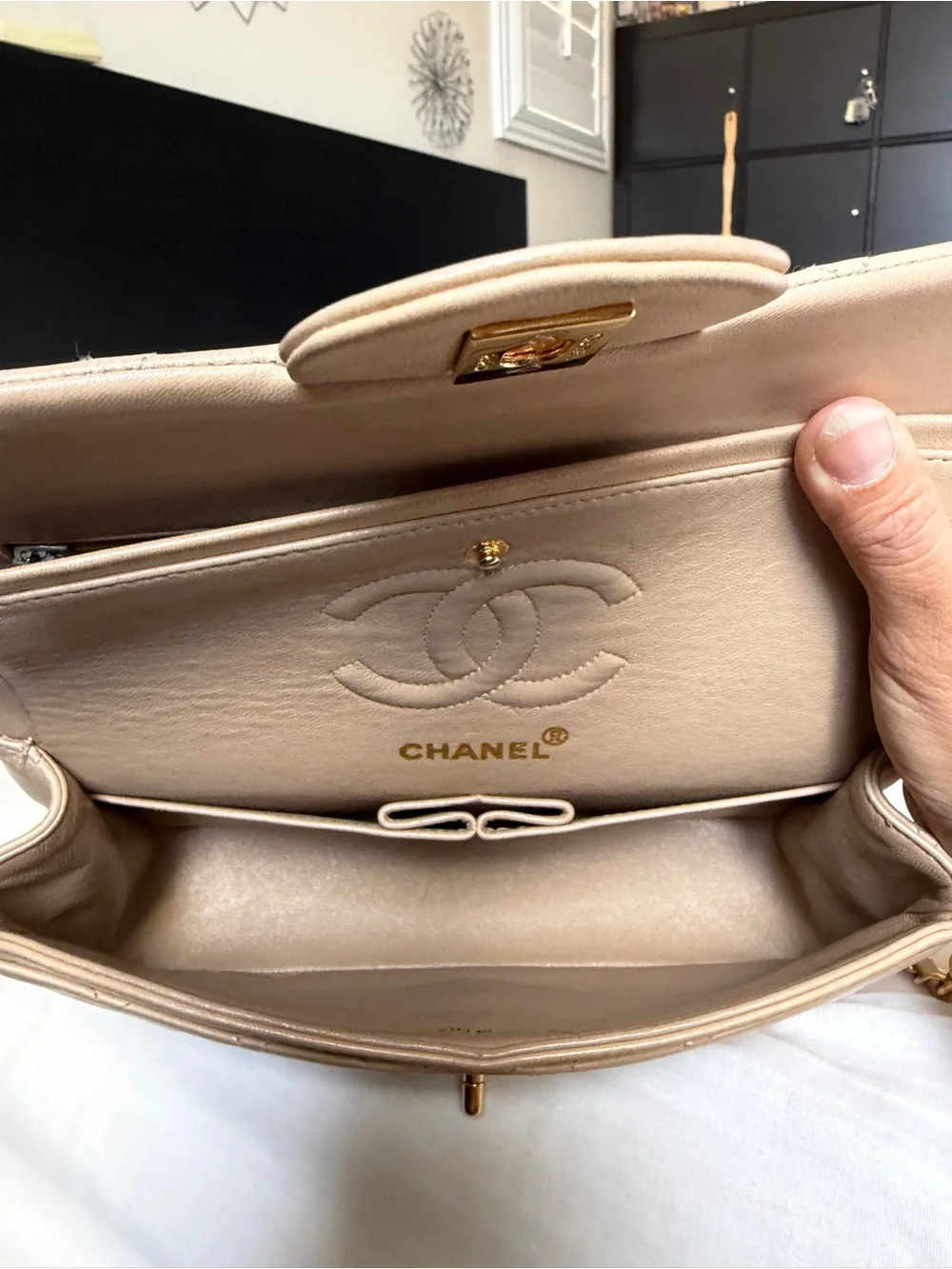 VIntage CHANEL Quilted Double Flap Shoulder Bag in Beige with Gold Hardware